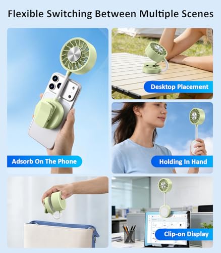 Magnetic Phone Fan with Ice Cooling, 3-in-1 Clip on Fan（Green） | Phone Stand, Rechargeable Mini Handheld Fan, 360° Flexible Gooseneck Portable Fan for Cruise Travel Desk Gym Makeup - color: grass green