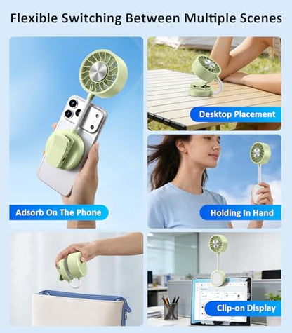 Magnetic Phone Fan with Ice Cooling, 3-in-1 Clip on Fan（Green） | Phone Stand, Rechargeable Mini Handheld Fan, 360° Flexible Gooseneck Portable Fan for Cruise Travel Desk Gym Makeup - color: grass green