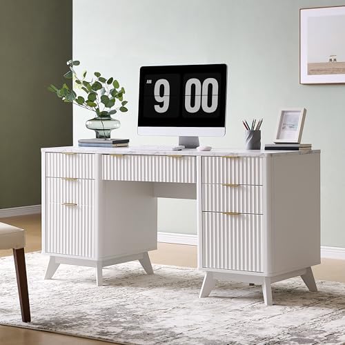 T4TREAM Fluted Executive Desk with Drawers, 60" Modern Home Office Computer Desk with Charging Station, File Cabinet, Keyboard Tray and Storage Cabinet for Study, Living Room, Bedroom, Solid White - color: Solid White