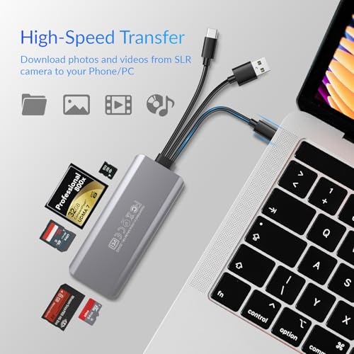 5-in-1 Multi Memory Card Reader,Aluminum SD/TF/CF/MS/M2/Cfast/Memory Stick Pro Duo/Micro SD Card Reader Adapter for i-Phone/i-Pad USB C and USB A Devices,No Application Required Plug and Play | Micro SD Card Reader Adapter for i-Phone/i-Pad USB C and USB