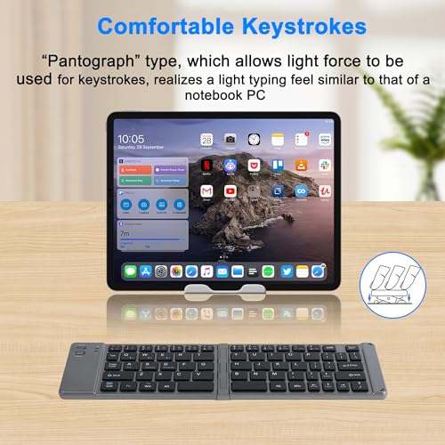 Foldable Bluetooth Keyboard Portable Ultra Slim Multi Device Mini Wireless Keyboards 66 Keys Pocket Size Rechargeable Keyboards Tri-Mode Cordless Keyboard for Laptop Tablet PC Windows iOS Android Gray