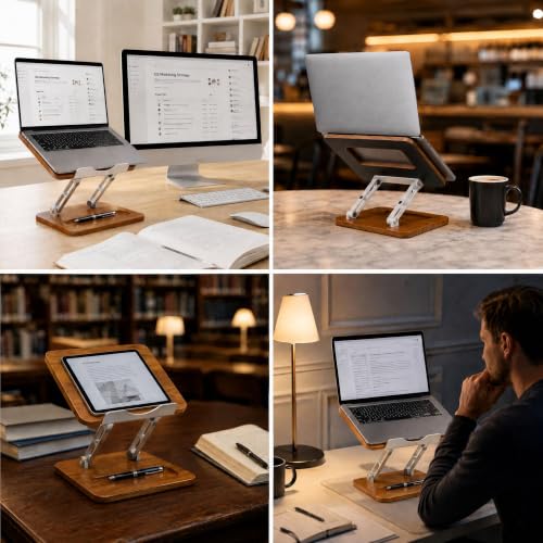 Adjustable Laptop Desk Stand Wood with Storage Slot | Ergonomic Foldable Computer Riser ，Ventilated Cooling Design, Fit all 10-17 Inch Laptops & Tablets