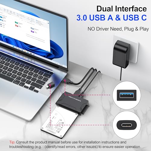 Hard Drive Reader USB 3.0 & Type C to SATA IDE Adapter, Internal Data Transfer Recovery Converter Kit with 12V/2A Power for 2.5"/3.5" SATA/IDE HDD SSD Hard Disk Internal Blu-ray Drive, up to 20TB