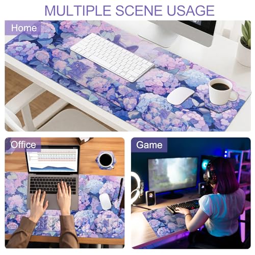 Petmolico 4-in-1 Wrist Rest Set with Desk Pad, Blue Flower Cat | Non-slip PU base, soft Lycra & memory foam, ergonomic pain relief, great for home/office - color: Blue