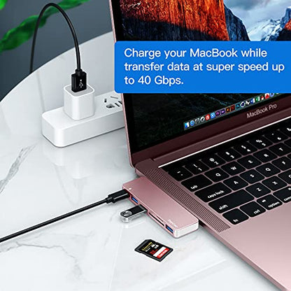 USB C Hub Adapter for MacBook Pro/Air 2020 2019 2018, 6 in 1 USB-C Accessories Compatible with MacBook Pro 13″ and 15″ with 3 USB 3.0 Ports, TF/SD Card Reader, Power Delivery (Pink)
