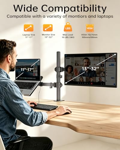 Dual Monitor and Laptop Stand for 13-32 Inch Screens & 11-17 Inch Laptop, Full Motion Dual Monitor Arm Desk Mount with Removable Laptop Tray, Supports Up to 18 lbs/Arm, C-Clamp, VESA 75x75/100x100mm - size: Laptop & Monitor Stand