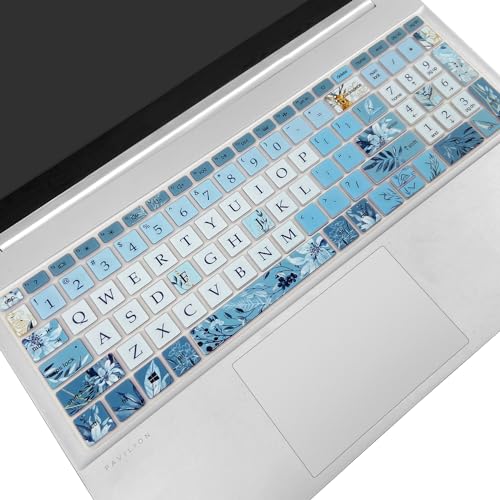 Keyboard Cover for 15.6 HP Laptop 15-fc 15-fd 15t-fd 15z-fc Series, HP Pavilion 15-eg 15t-eg 15-eh 15-er, 17z-ca 17-cn 17-cp 17z-cp Series, Gray Blue Flowers - color: Gray Blue Flowers