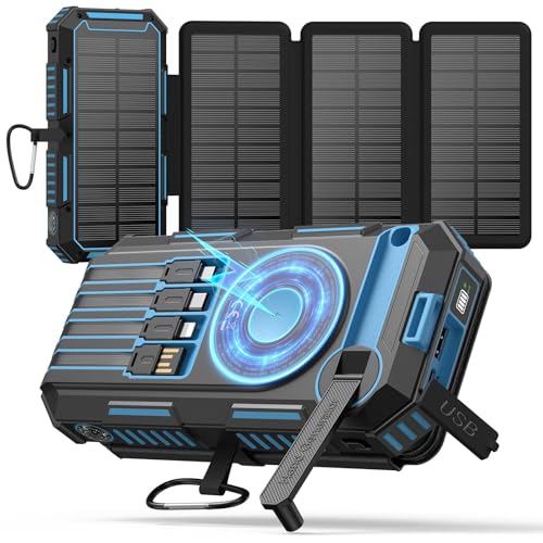FEELLE Solar Power Bank 50000mAh Magnetic Portable Charger with Hand Crank | Built in 4 Cables & 4 Solar Panels, PD QC 3.0 Fast Charging Battery Pack, Flashlight for Outdoor, Charge 6 Devices at Once - color: Blue