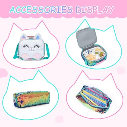 Kids Rolling Cats Backpack for Girls Plush Trolley Suitcases Luggage Travel with Wheels Bookbag Wheeled 17" Roller Backpacks Set Toddler Back Pack School Bags for Elementary Champagne - color: 5315-maomi-champagne