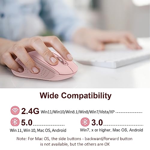 TECKNET 2-in-1 Bluetooth Mouse (BT 5.0/3.0+2.4Ghz), 6-Level 4000 DPI Pink | BT 5.0/3.0 & 2.4G wireless mouse with 4000 DPI, silent clicks, ergonomic design, and USB receiver for laptop and PC. - color: Pink