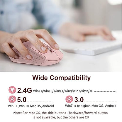 TECKNET 2-in-1 Bluetooth Mouse (BT 5.0/3.0+2.4Ghz), 6-Level 4000 DPI Pink | BT 5.0/3.0 & 2.4G wireless mouse with 4000 DPI, silent clicks, ergonomic design, and USB receiver for laptop and PC. - color: Pink