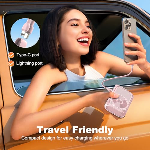 SEANCHEER P05 Portable Charger, Magnetic Power Bank, Small PowerBank, Battery Pack10000mAh Travel Essentials Fast Charging with Built in Cable, Foldable Wall Plug for iPhone,Samsung,Andriod (Pink) - color: Pink