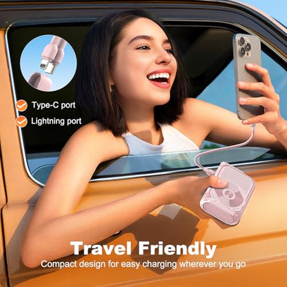SEANCHEER P05 Portable Charger, Magnetic Power Bank, Small PowerBank, Battery Pack10000mAh Travel Essentials Fast Charging with Built in Cable, Foldable Wall Plug for iPhone,Samsung,Andriod (Pink) - color: Pink