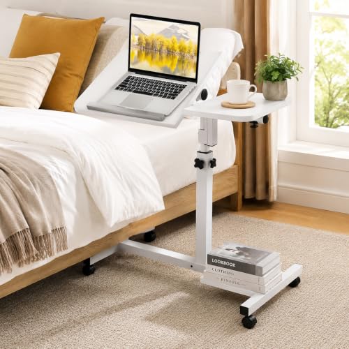 Overbed Table with Wheels Adjustable Height with Wheels Computer Workstation with Tilting Top Height Tray Side for Bedroom on Hospital Home Use