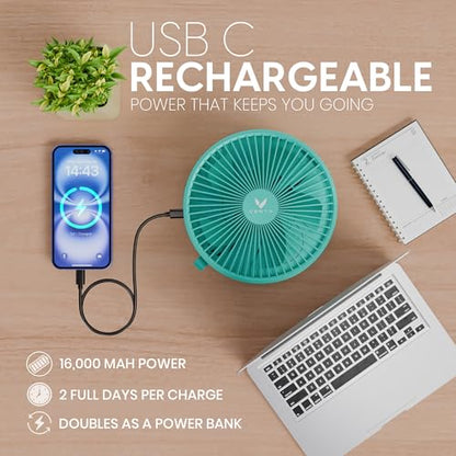 VENTY Portable Fan - Wireless Battery Operated Fan - 4 Speeds - LED Lighting - Carry Case & Remote Control - Cruise Travel - Outdoor Travel RV Power Bank With USB-C Port (Mint with Case) - color: Mint
