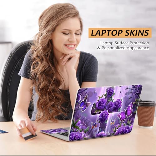 12.1”-15.6” Laptop Skin Sticker (Fits 13”, 13.3”, 14”, 15”, 15.4”) | Reusable Universal Protective Vinyl Art Decal Cover | Waterproof & Scratch-Resistant |Cross with Purple Rose Butterflies - color: Cross with Purple Rose Butterflies