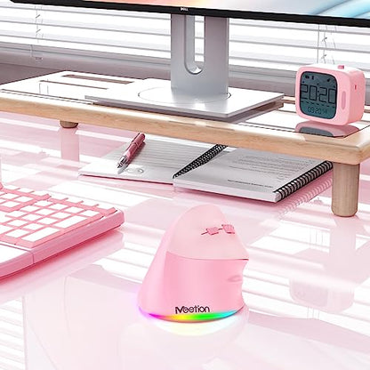 MEETION Ergonomic Wireless Vertical Mouse, Rechargeable, Pink | Bluetooth 5.2 + 3.0 and USB connectivity, RGB backlight, 4 DPI adjustment, compatible with Windows, Mac, Android, PC and iPad - color: Right Pink