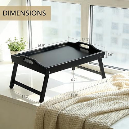 Bamboo Breakfast Tray Table with Folding Legs for Bed Table Sofa - Eating & Laptop Tray Bamboo with Folding Legs - color: Black