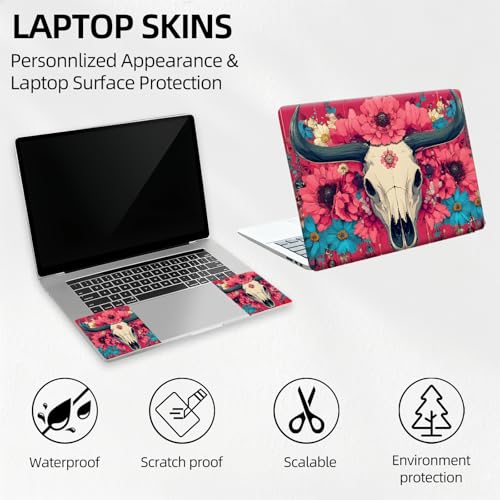Gothic Bull Skull Dark Rose Universal Laptop Skin Sticker 3PCS, Protective Decal Trim-to-Fit 11.6" 13.3" 14" 15.6" Laptop Vinyl Cover, Removable Anti-Scratch Computer Decal Protector - color: Gothic Bull Skull Dark Rose