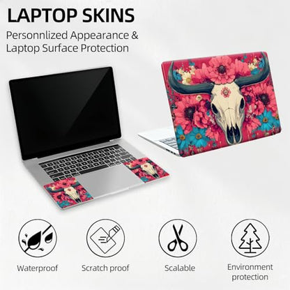 Gothic Bull Skull Dark Rose Universal Laptop Skin Sticker 3PCS, Protective Decal Trim-to-Fit 11.6" 13.3" 14" 15.6" Laptop Vinyl Cover, Removable Anti-Scratch Computer Decal Protector - color: Gothic Bull Skull Dark Rose