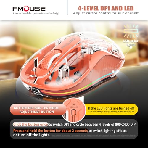 FMOUSE Transparent Wireless Mouse, Tri-Mode Bluetooth 5.1 & 2.4GHz, USB-A & USB-C Receiver, Silent Rechargeable RGB, 3 Devices for MacBook Laptop iPad PC, Creative Energetic — Orange - color: Orange
