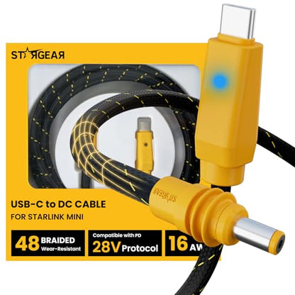 Starlink Mini Cable 6.5FT, 16AWG Starlink Cable with Indicator Light 140W USB C to DC, Braided Wear-Resistant Accessories for Starlink Work with 20V/100W, 28V/140W PD Power Source (Yellow) - size: Yellow Braided 6.5FT with LED