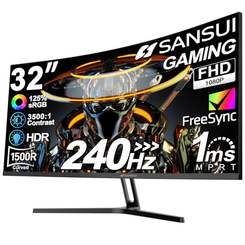 SANSUI 32 Inch Curved 240Hz Gaming Monitor High Refresh Rate, FHD 1080P | Gaming PC Monitor HDMI DP1.4, 1500R Curvature, 1Ms MPRT, HDR,Metal Stand,VESA Compatible(DP Cable Incl.) - size: 32 inch