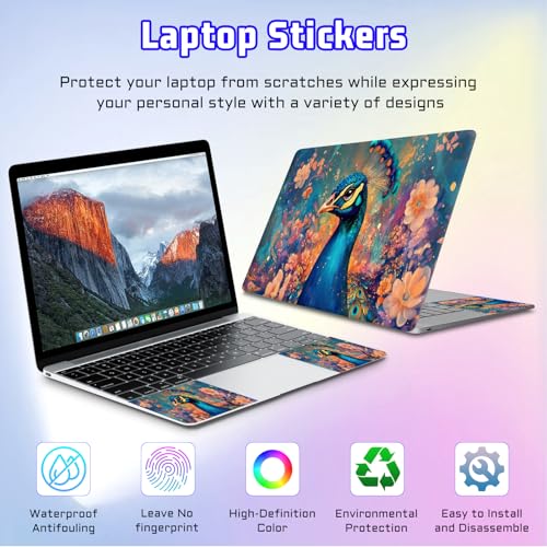 Universal Laptop Skin Sticker Decal, Compatible with MacBook HP Dell Lenovo 12"-15.6", Reusable Vinyl Notebook Cover 3PCS Set, High-Recognition Film-Floral Peacock Art - color: Floral Peacock Art