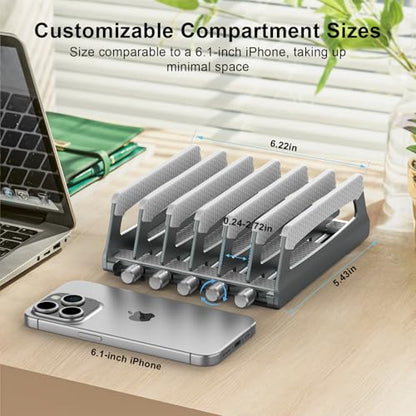 6-Slot Vertical Laptop Stand & Holder –Adjustable Aluminum Laptop Stand Vertical for Desk Fits 6 Devices, MacBook & Gaming Laptops (Up to 17.3”)–Space Saving Laptop Storage Rack - Grey - size: 6 - Slot