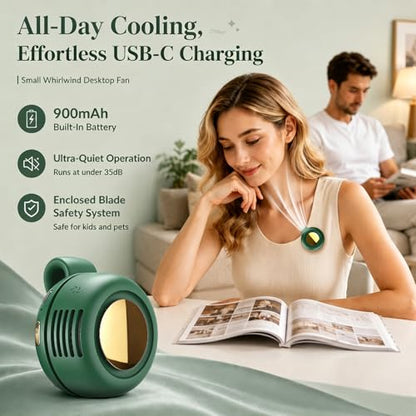 Portable Clip-On Fan, Mini Bladeless Waist Fan, 5100RPM 25dB Ultra-Quiet 3-Speed Rechargeable Small Whirlwind Fan, Hands-Free Personal Cooling for Outdoor Travel Office Camping with USB-C - color: Green