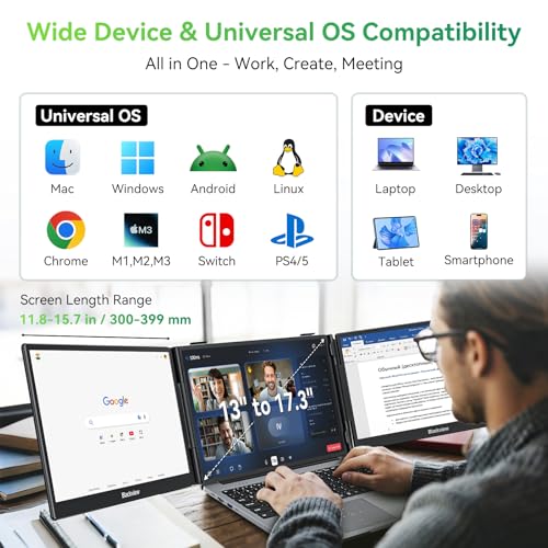 Blackview Laptop Screen Extender, 14" 1080P FHD IPS Triple Portable Monitor, Ultra-Slim Travel Dual Monitor Fit for 13"-17.3" Laptops, USB-C Plug&Play Extended Screen for Windows/Mac/Android/Switch | TÜV SÜD Certified Eye Health Protection - 1080P FHD IPS
