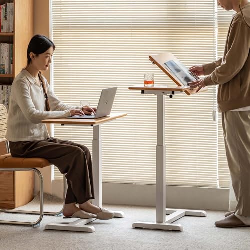 Height Adjustable Bedside Desk, 100% Solid Wood Overbed Table with Wheels, Rolling Laptop Table for Home, Office, Study, Bedroom - color: Natural-oak Wood Flip Panel, size: 27"W