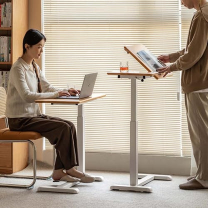 Height Adjustable Bedside Desk, 100% Solid Wood Overbed Table with Wheels, Rolling Laptop Table for Home, Office, Study, Bedroom - color: Natural-oak Wood Flip Panel, size: 27"W