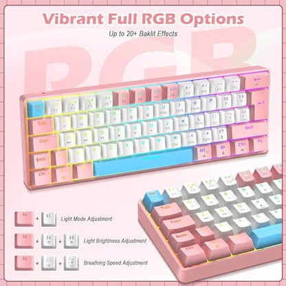 RK-T60 Wired 60% TKL Mechanical Gaming Keyboard Led Rainbow Backlight Ultra-Compact NKRO Linear Red Switch ABS Keycap RGB Honeycomb Mice Coiled Aviator Cable for Windows Laptop PS4/PC/WIN Gamer - color: Pink/Blue Switch