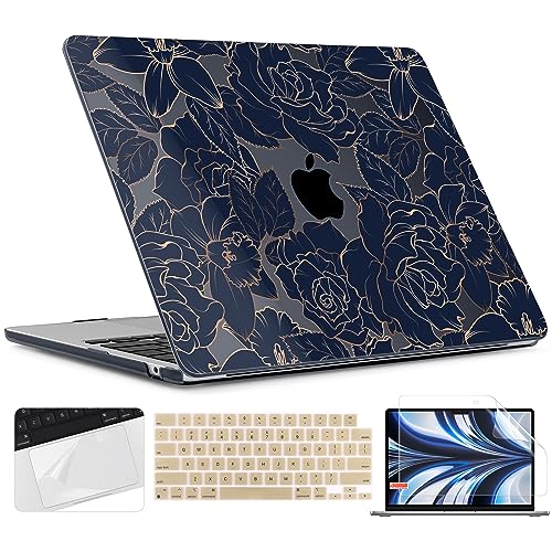 TWOLSKOO for MacBook Air 13 inch Case M5 2026 M4 2025 M3 M2 2024-2022 A3449 A3240 A3113 A2681, Plastic Hard Shell & Keyboard Cover & Screen Film for MacBook Air 13.6 inch Case, Elegant Roses - color: Elegant Roses X822