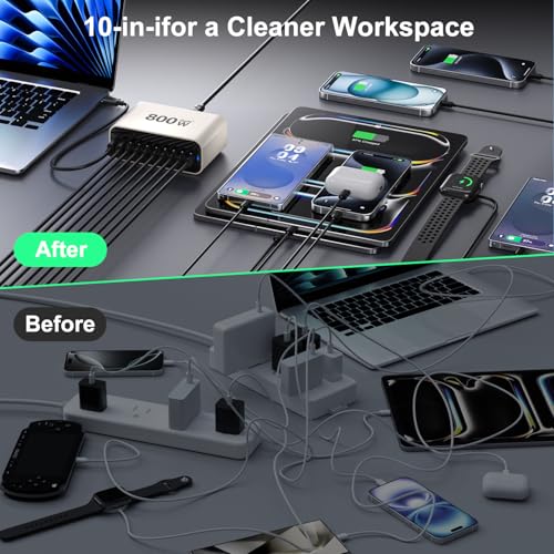 USB C Charging Station 800W, USB Fast Charger Block 10 Ports, Dual 140W PD PPS Charger Multiple Output, PD Power Adapter Compatible with MacBook Pro Dell/iPhone 16/Galaxy/Tablet/Mobile - size: 800W 10 Port