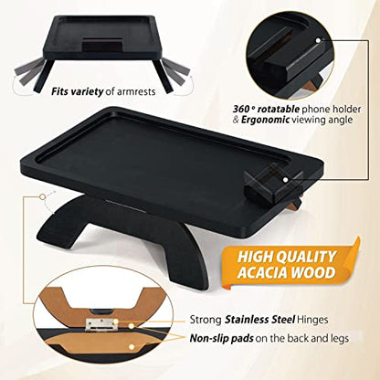 BLUEWEST Sofa Armrest Tray, Acacia Wood Couch Arm Clip on Tray Table with 360° Rotating Phone Holder –Fits Most Couch Arm Sizes–Non-Slip, Space-Saving Arm Table for TV Dinners, Remote, Drinks & Snacks - color: Black, size: Rectangle