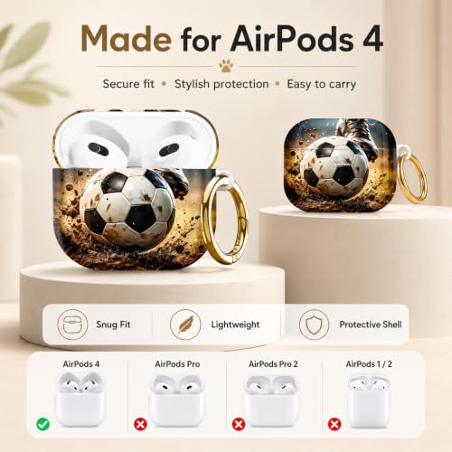Compatible with AirPod 4 Case 2024, Cute Hard Plastic Protective Cover for Airpod 4th Generation Women, Shockproof Shell Skin with Gold Ring Keychain,Football - color: Football