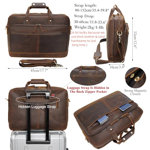 Masa Kawa Leather Briefcase for Men 15.6" 17" Laptop Business Messenger Bag | Computer Sleeve, Travel Luggage Strap, Professional Office Work Lawyer Crossbody Shoulder Attache Case - color: Brown- Fits 17.3 Inch Laptop