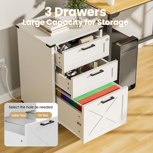 Onelike Small Wood File Cabinet with Charging Station and Lock, 3 Drawers | Built-in 2 AC, USB & Type-C; 1 lock secures 3 drawers; Nightstand, Printer stand and Mobile under-desk cabinet; White - style: 3 Drawers