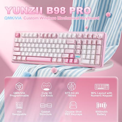 YUNZII B98 PRO 96% Wireless Mechanical Keyboard(Pink, Candy Switch) | QMK/VIA, with Numpad, Dual-Style Knob Design, Creamy Pre-Lubed Switches, Hot Swap, Gasket Mount, RGB for Gaming/Win/Mac - color: Pink, size: Candy Linear Switch