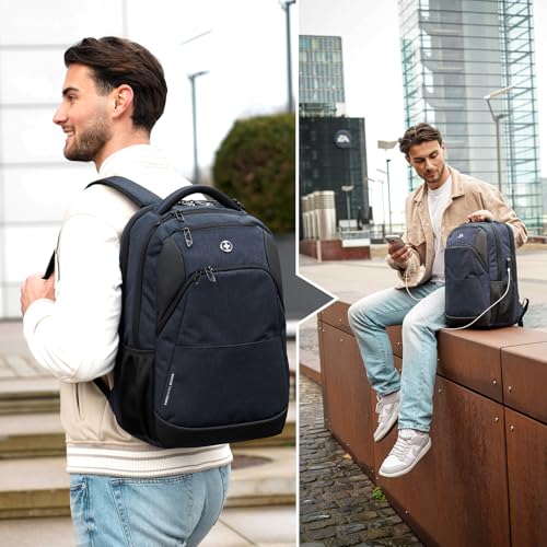 Swissdigital Design Backpack for Men & Women Fit 16 Inch Computer SD1670-12 | Travel Laptop Backpack, College Bag, Business Backpack, with USB Charging Port, RFID Protetion Pocket, Water Bottle, Blue - color: Dark Blue