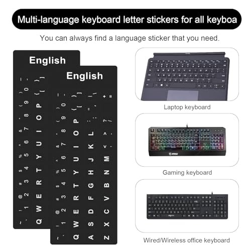 2PCS English Keyboard Stickers, Universal Replacement English Keyboard Letter Stickers with Tweezer, Keyboards Alphabet Sticker Black Background White Lettering for Laptop Notebook PC Computer Desktop