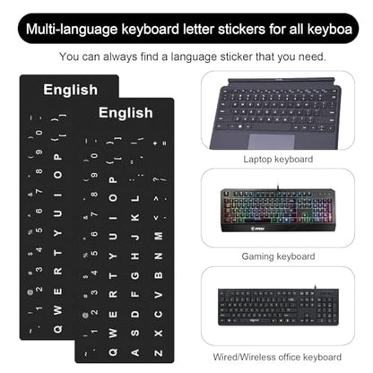 2PCS English Keyboard Stickers, Universal Replacement English Keyboard Letter Stickers with Tweezer, Keyboards Alphabet Sticker Black Background White Lettering for Laptop Notebook PC Computer Desktop