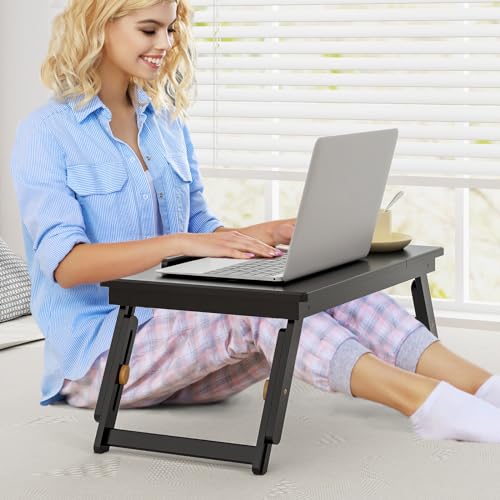 Giantex Bamboo Laptop Desk for Bed, Adjustable Serving Tray Breakfast Table with Tilting Desktop, Folding Lap Tray with Removable Stopper, Cooling Holes & Small Side Drawer (Black) - color: Black