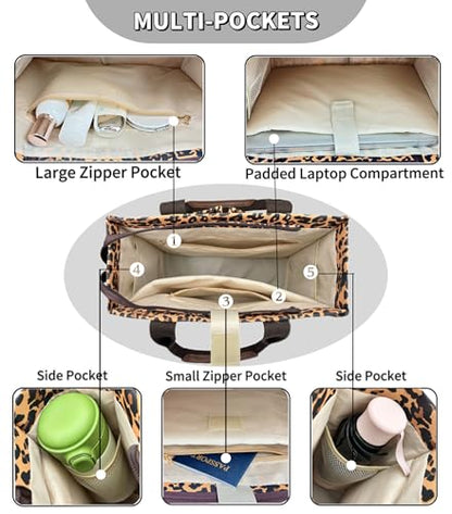 Large Canvas Tote Bag for Women Work Tote Bags with Pockets Laptop Crossbody Purses Everyday Bag Handbags for Travel - color: New Upgrade Plus Leopard