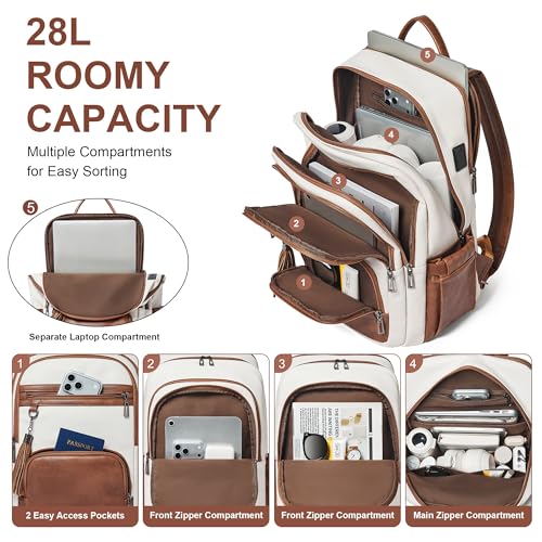 Shrrie 17 Inch Laptop Backpack for Women,Vegan Leather Backpack Purse,28L Work Business College Travel Computer Backpacks with Pouch Pocket for Large Capacity Cup & USB Charger,Beige with Brown - color: Beige With Brown