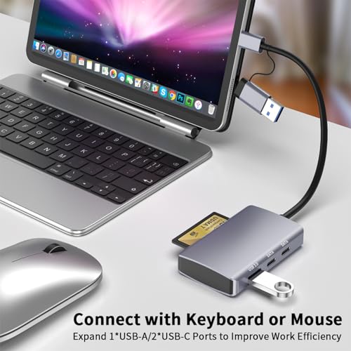 6-in-1 CF/SD/TF Card Reader with Dual USB-C Hub - USB 3.0 Card Reader Adapter for Computer/Android/Micro SD/, Memory Stick Pro Duo Adapter, 5Gbps High-Speed Data Transfer