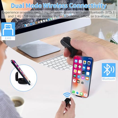 Mini Bluetooth Wireless Mouse Dual Mode Finger & Ring Touchpad Design, Rechargeable with Charging Case for PC, Laptops, Tablets & Smartphones – Ideal for Remote Control, Page Turning,Travel (Black) - color: Black