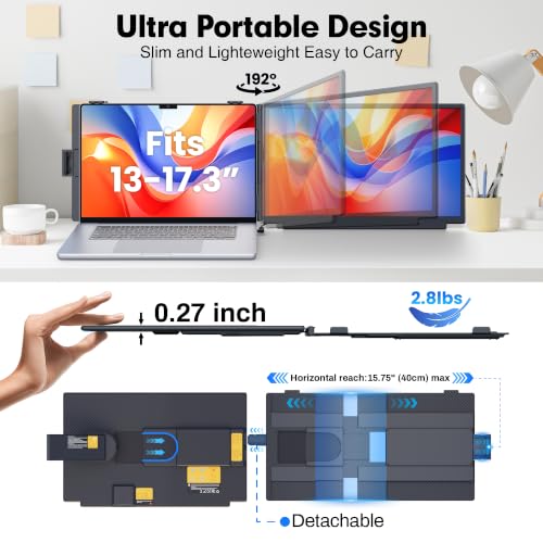 15.6" Laptop Screen Extender, FHD 1080 IPS Detachable Dual Screen Monitor fit for13-17.3" Laptop, One Cable Portable Plug & Play Travel Monitor Compatible with Windows/Mac/Android/Chrome